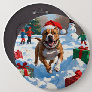 Pitbull Dog Running in Snow with Christmas Hat 6 Cm Round Badge