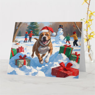Pitbull Dog Running in Snow with Christmas Hat Card