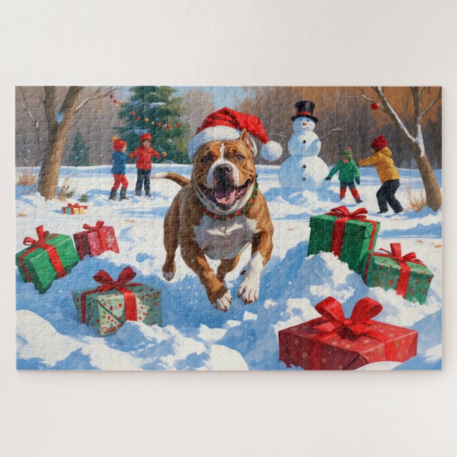 Pitbull Dog Running in Snow with Christmas Hat Jigsaw Puzzle (Horizontal)