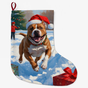 Pitbull Dog Running in Snow with Christmas Hat Large Christmas Stocking