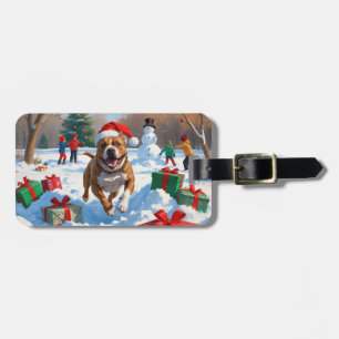 Pitbull Dog Running in Snow with Christmas Hat Luggage Tag