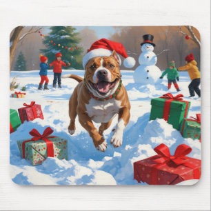 Pitbull Dog Running in Snow with Christmas Hat Mouse Pad
