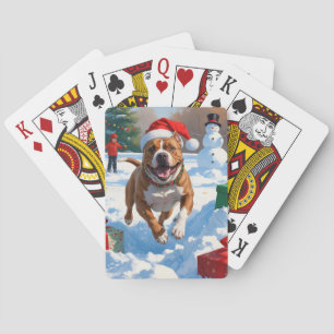 Pitbull Dog Running in Snow with Christmas Hat Playing Cards
