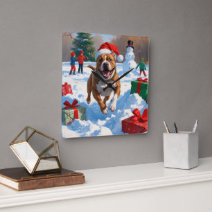 Pitbull Dog Running in Snow with Christmas Hat Square Wall Clock