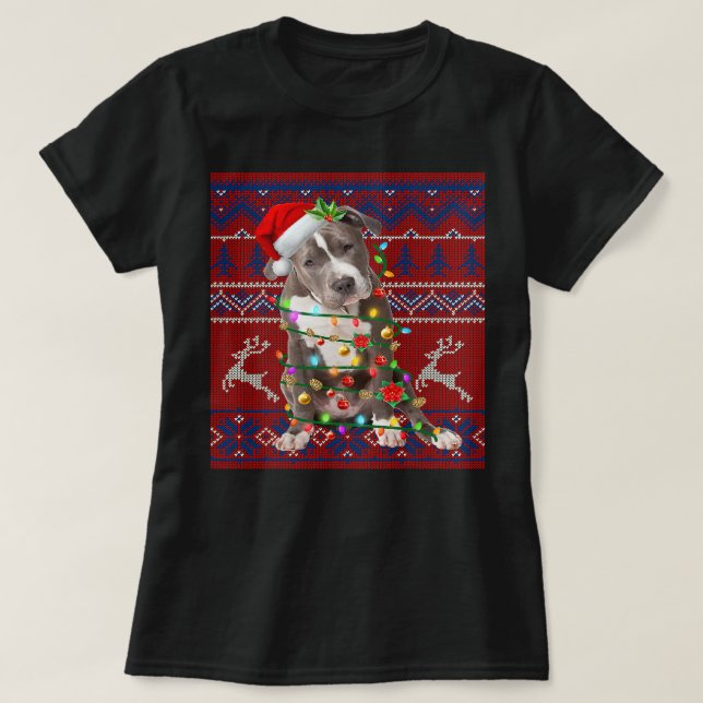 Pitbull Dog Santa Pitbull Christmas Tree Lights Ug T-Shirt (Design Front)