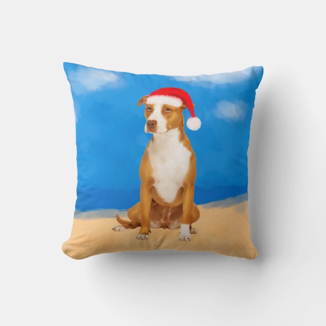 Pitbull Dog Sitting On Beach Christmas Holiday Cushion (Front)