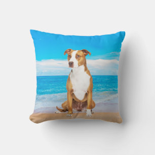 Pitbull Dog Sitting On Beach Cushion