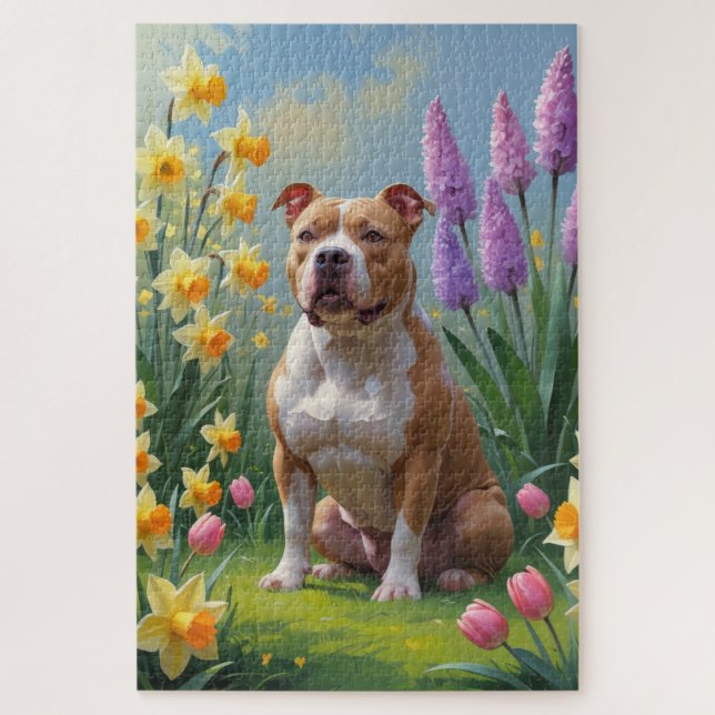 Pitbull Dog Spring Flowers Painting  Jigsaw Puzzle (Vertical)