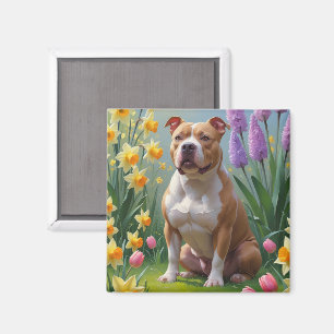 Pitbull Dog Spring Flowers Painting Magnet