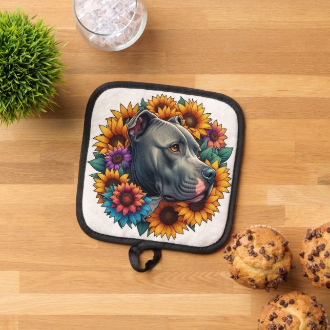 Pitbull Dog Surrounded by Vibrant Sunflowers Pot Holder (Top Down)