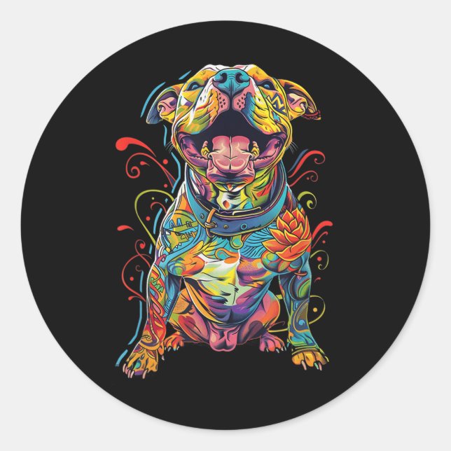 Pitbull Dog Tattooed Colourful Tattooed Dog Mum  Classic Round Sticker (Front)