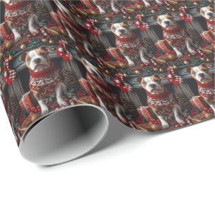 Pitbull Dog With Christmas Gifts Fireplace Wrapping Paper