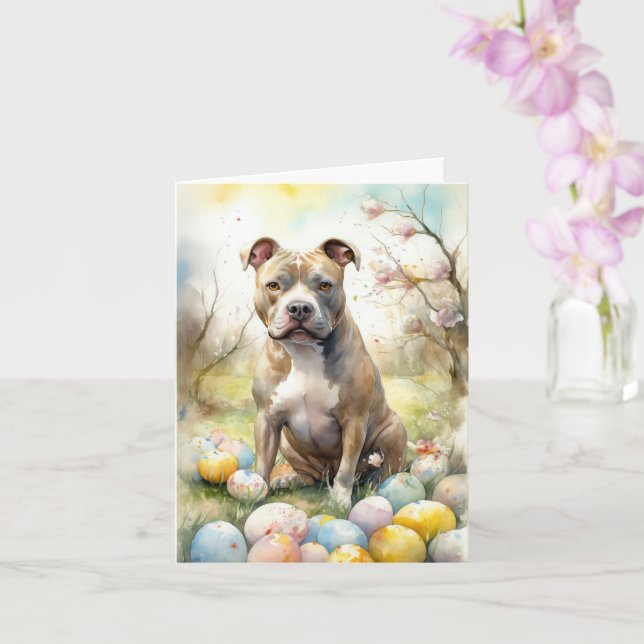 Pitbull Dog with Easter Eggs Holiday Card (Orchid)
