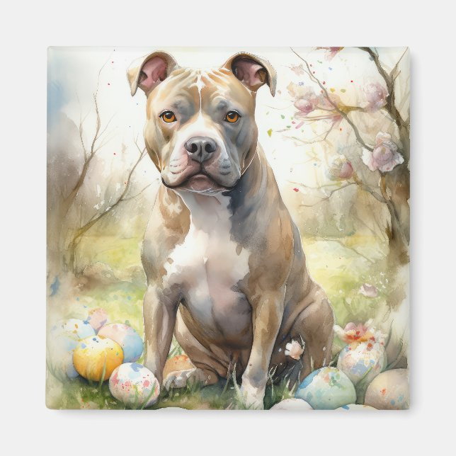 Pitbull Dog with Easter Eggs Holiday Magnet (Front)