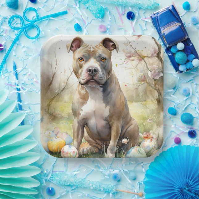 Pitbull Dog with Easter Eggs Holiday Paper Plate (Party)