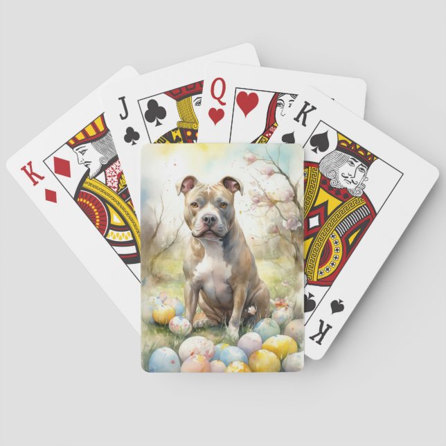 Pitbull Dog with Easter Eggs Holiday Playing Cards (Back)