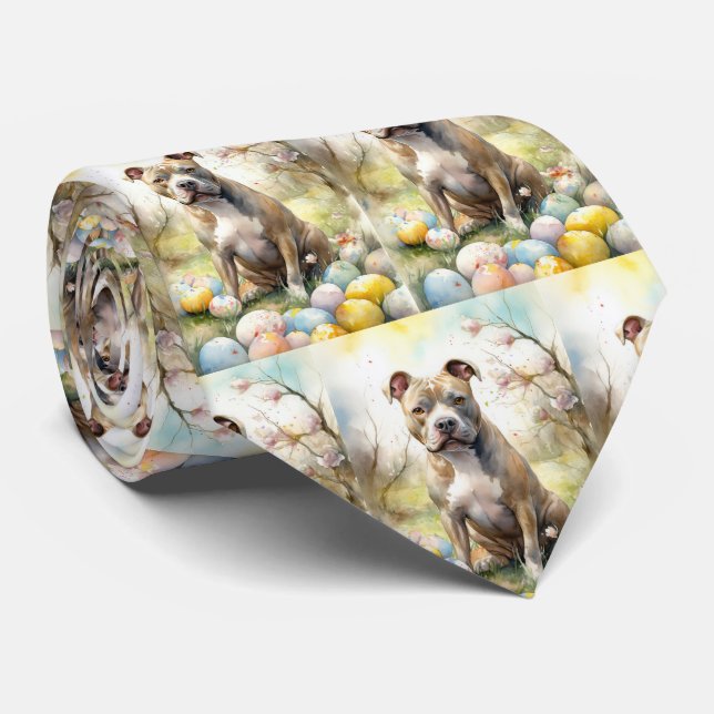 Pitbull Dog with Easter Eggs Holiday Tie (Rolled)