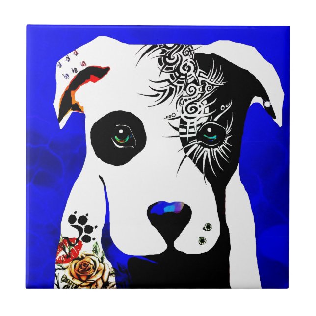 Pitbull dog with tattoos and piercings tile (Front)