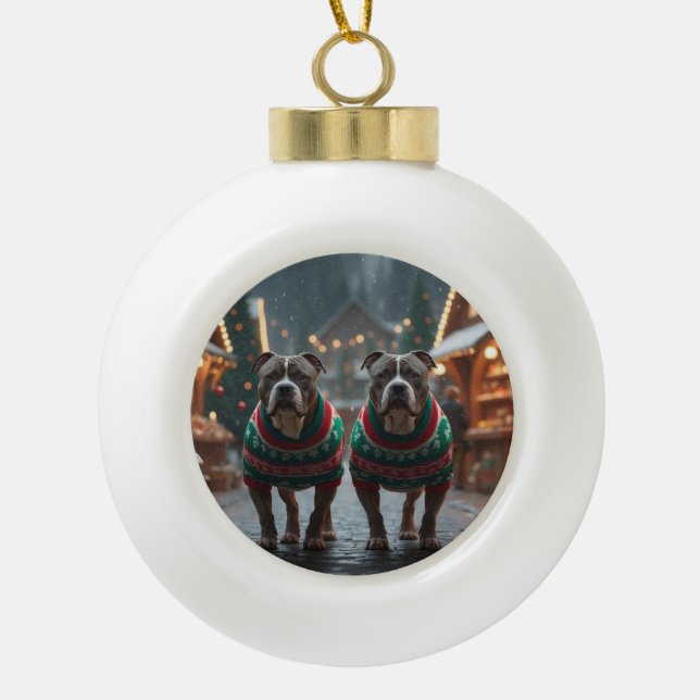 Pitbull Dogs Christmas Snow Holiday Ceramic Ball Christmas Ornament (Front)