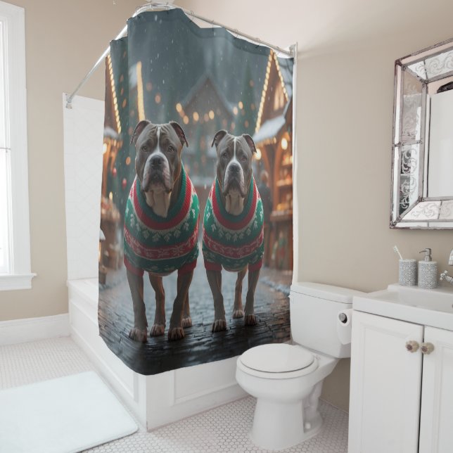 Pitbull Dogs Christmas Snow Holiday Shower Curtain (In Situ)