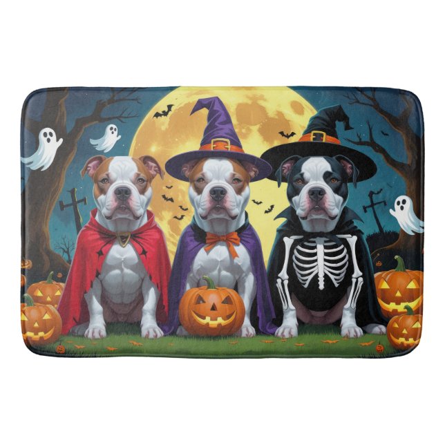Pitbull Dogs Pumpkin Halloween Funny Bath Mat (Front)