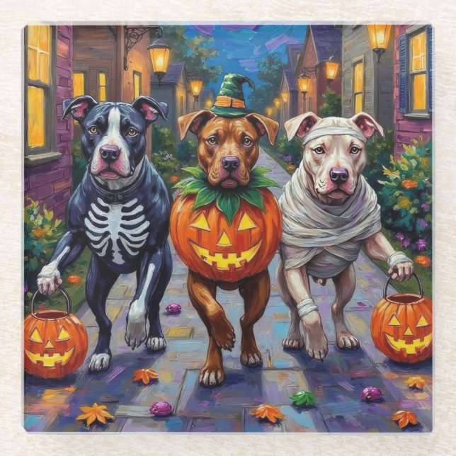Pitbull Dogs Trick-or-Treating  Halloween Costumes Glass Coaster (Front)