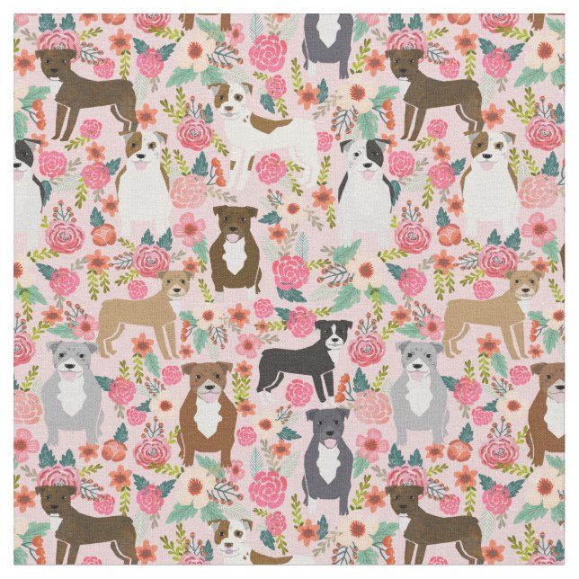 Pitbull dogs vintage florals pink fabric (Close Up)
