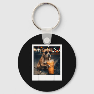 Pitbull drinking iced coffee dog lover dad funny key ring