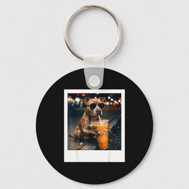 Pitbull drinking iced coffee dog lover dad funny key ring (Front)