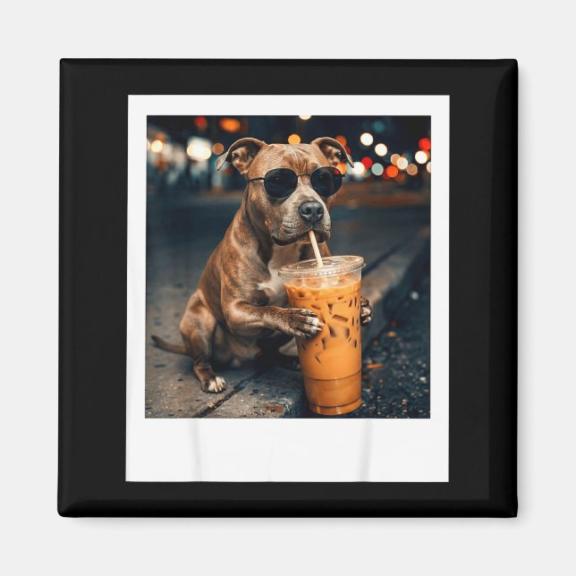 Pitbull drinking iced coffee dog lover dad funny magnet (Front)