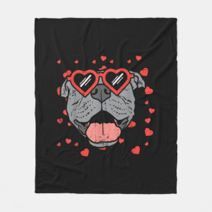 Pitbull Face Heart Glasses Valentines Day Pet Dog Fleece Blanket