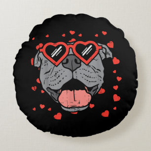 Pitbull Face Heart Glasses Valentines Day Pet Dog Round Cushion