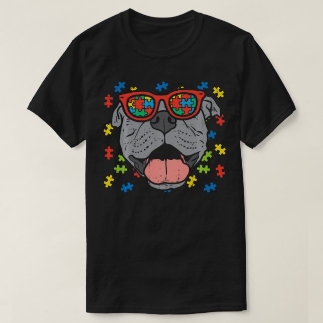 Pitbull Face Puzzle Glasses Autism Awareness Dog L T-Shirt (Design Front)