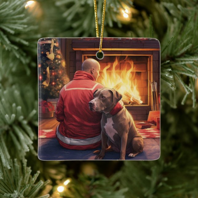 Pitbull Firefighter Christmas, Gift for Dog Lovers Ceramic Ornament (Tree)