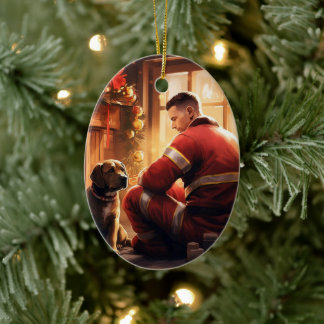 Pitbull Firefighter Christmas, Gift for Dog Lovers Ceramic Ornament