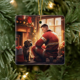 Pitbull Firefighter Christmas, Gift for Dog Lovers Ceramic Ornament