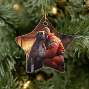 Pitbull Firefighter Christmas, Gift for Dog Lovers Ceramic Ornament