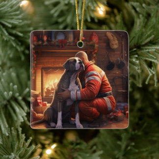 Pitbull Firefighter Christmas, Gift for Dog Lovers Ceramic Ornament