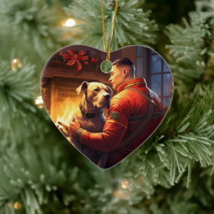 Pitbull Firefighter Christmas, Gift for Dog Lovers Ceramic Ornament