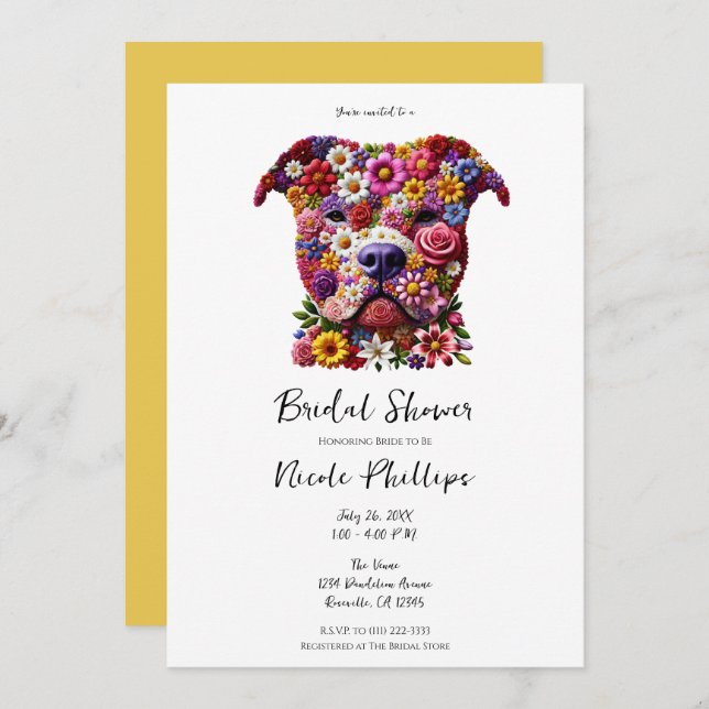 Pitbull Flower Face Dog Lover Bridal Shower  Invitation (Front/Back)