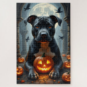 Pitbull Gothic Cathedral Halloween Portrait Art Jigsaw Puzzle