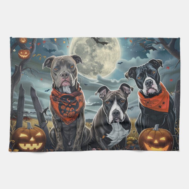 Pitbull Halloween Spooky Tea Towel (Horizontal)