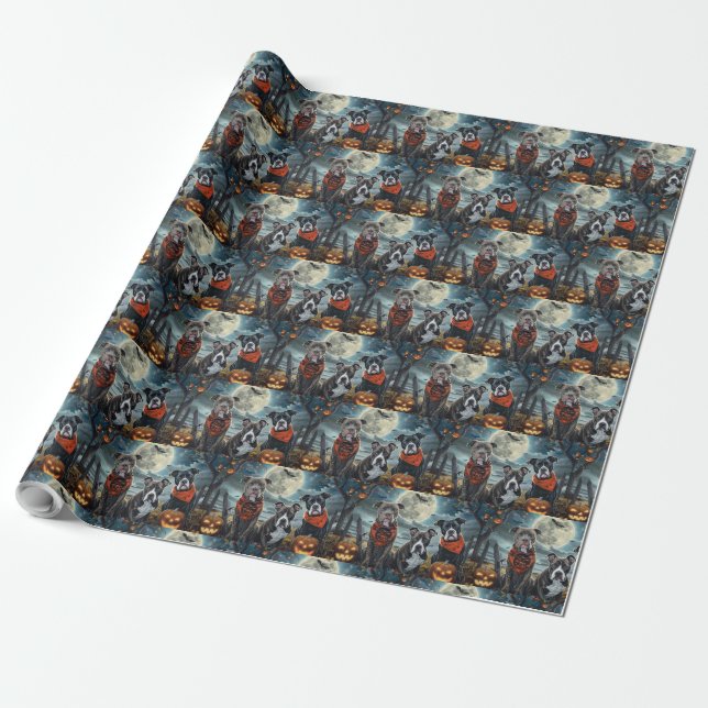 Pitbull Halloween Spooky Wrapping Paper (Unrolled)