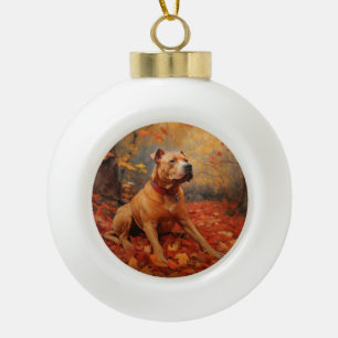 Pitbull in Autumn Leaves Fall Inspire  Ceramic Ball Christmas Ornament