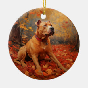 Pitbull in Autumn Leaves Fall Inspire  Ceramic Ornament