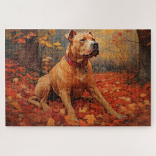 Pitbull in Autumn Leaves Fall Inspire  Jigsaw Puzzle