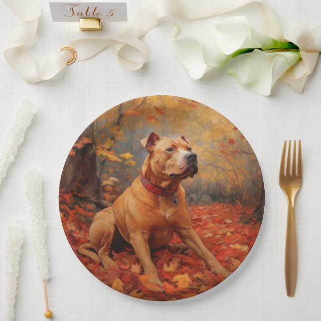 Pitbull in Autumn Leaves Fall Inspire  Paper Plate (Wedding)