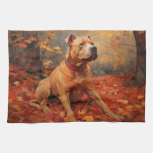 Pitbull in Autumn Leaves Fall Inspire Tea Towel
