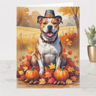 Pitbull In Autumn Leaves Thanksgiving Art Card