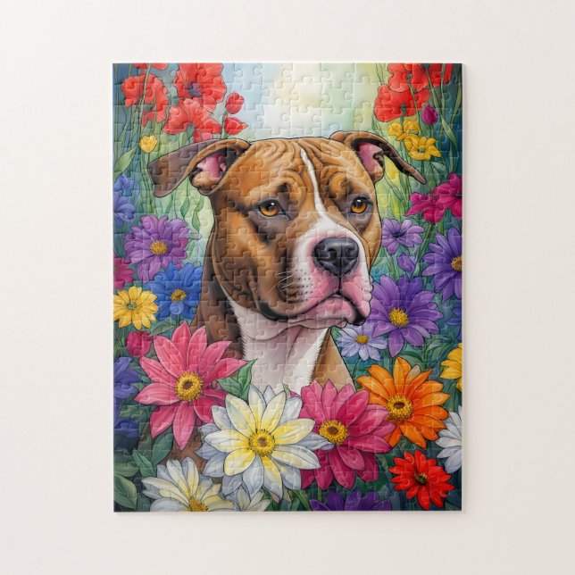 Pitbull in Flower Garden Jigsaw Puzzle (Vertical)